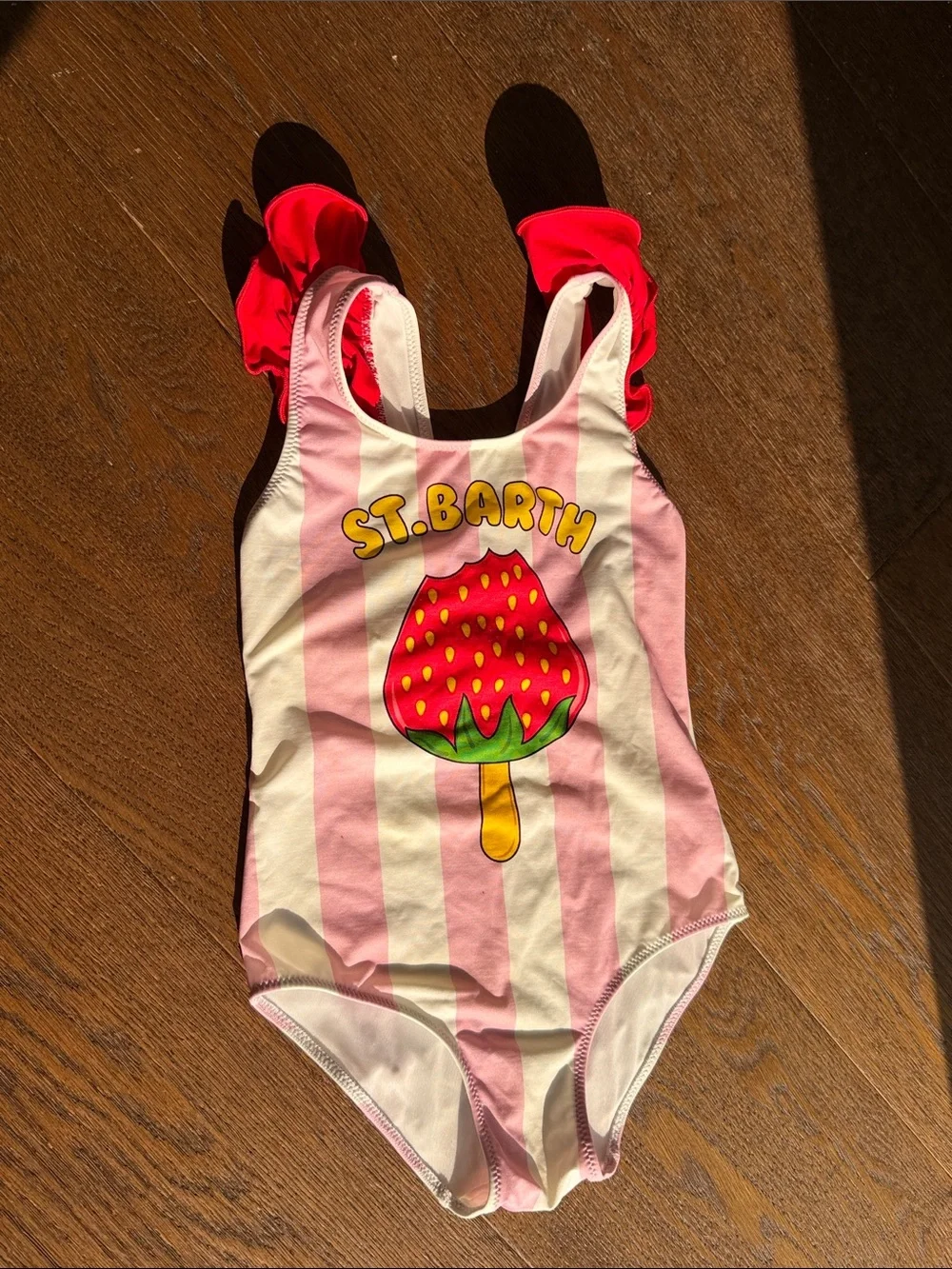 MC2 Saint Barth Girls 4T Pink Stripe One-Piece Swimsuit with Red Ruffle Straps